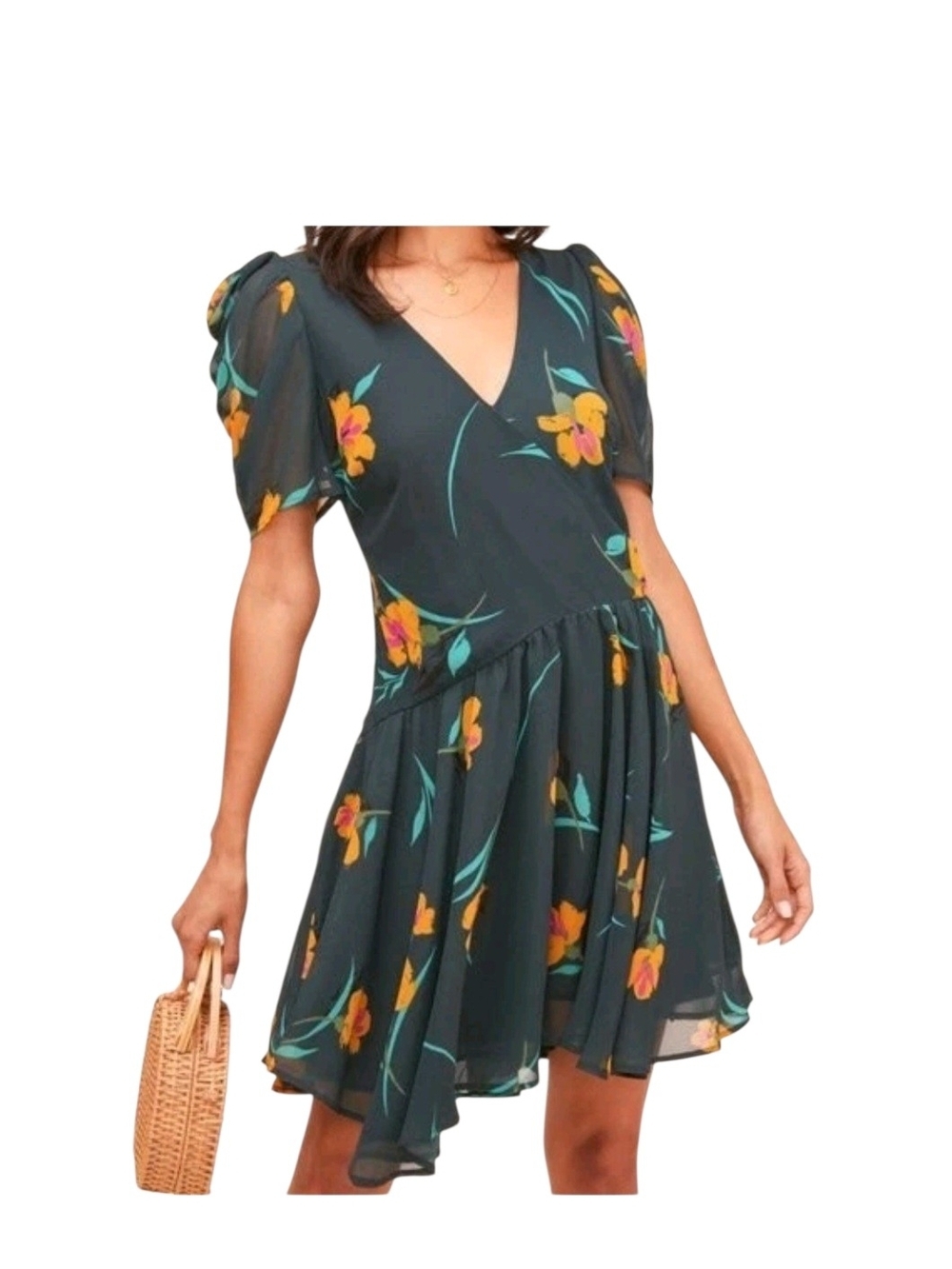 ASTR Revolve Asymmetrical Floral Drop Waist Dress Dark Green Puff Sleeve